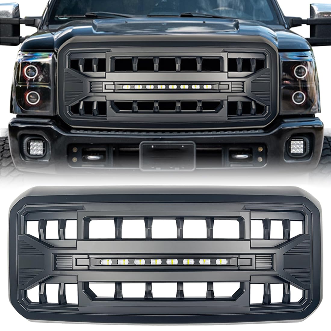 Front Grille Compatible with 2011-2016 F250 F350 F450 F550 Super Duty, Matte Black Front Bumper Grill Guard w/Off-Road Lights