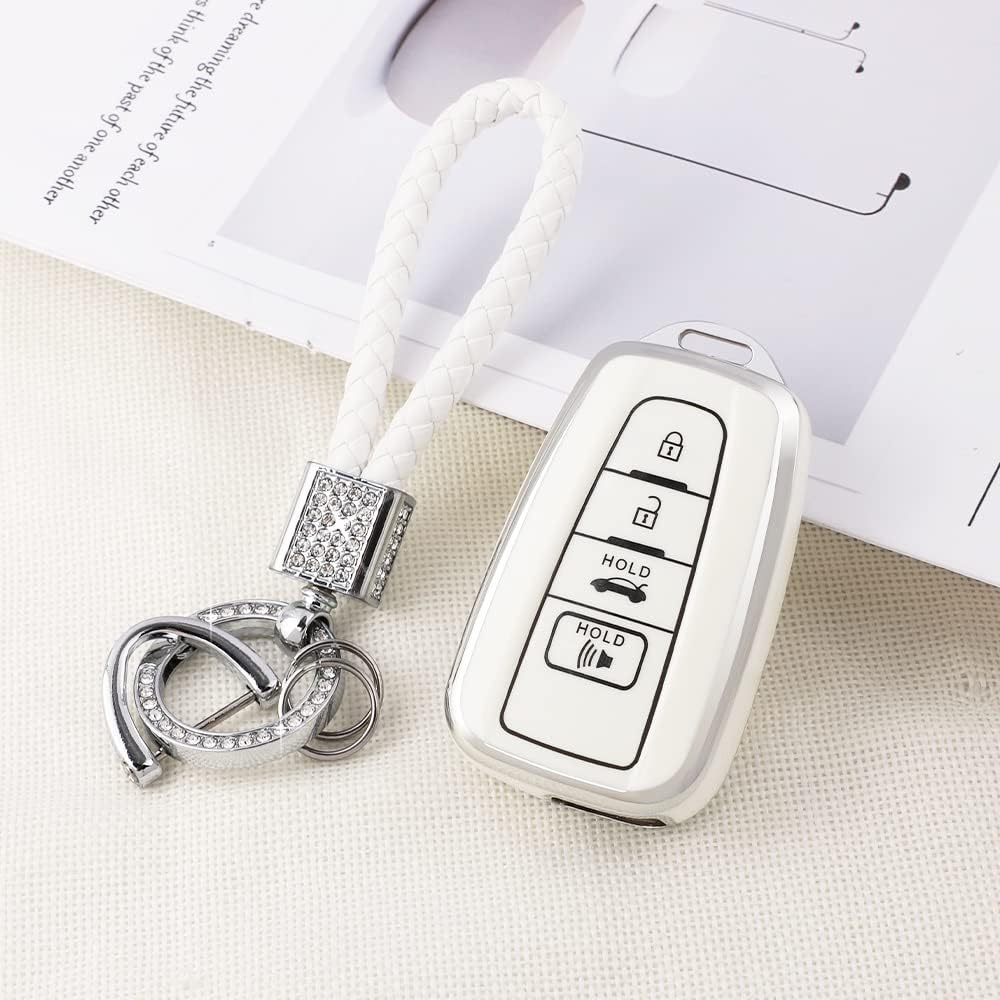 PIFOOG Key Fob Cover for Toyota Camry RAV4 Corolla C-HR Avalon Highlander Prius Smart Keys Case Shell Protector Bling Keychain Accessories 4 Button TPU Girly Women White Silver