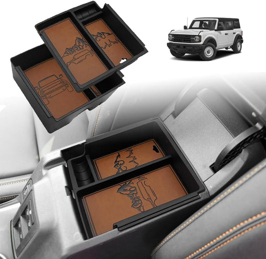 TripleAliners Center Console Organizer Compatible with 2021-2024 Ford Bronco(no for Sport) Accessories 6th Gen Bronco 2/4-Door Center Console Storage Box ABS Material with Leather Trim(V2_Brown)