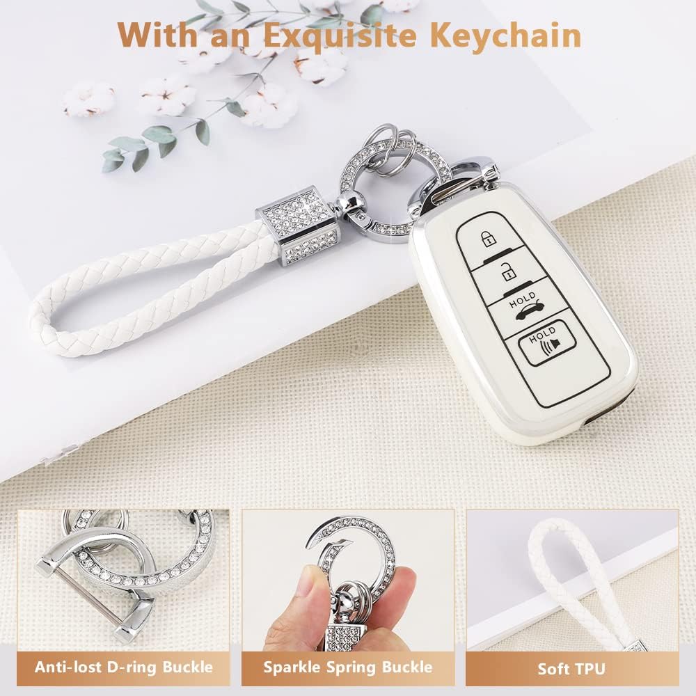 PIFOOG Key Fob Cover for Toyota Camry RAV4 Corolla C-HR Avalon Highlander Prius Smart Keys Case Shell Protector Bling Keychain Accessories 4 Button TPU Girly Women White Silver