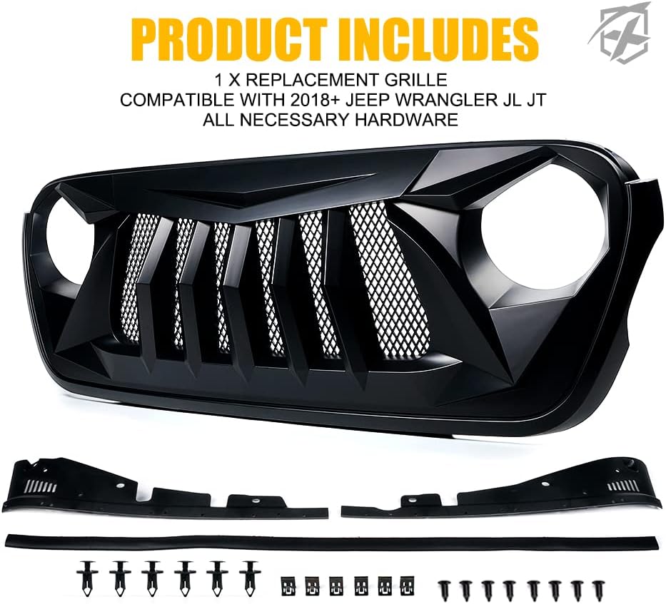 Xprite Matte Black Front Grille Grid Grill w/Mesh Compatible with 2018-2024 Jeep Wrangler JL&2020+ Gladiator JT - Black Widow Series