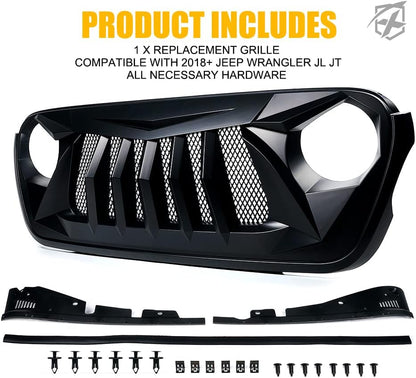 Xprite Matte Black Front Grille Grid Grill w/Mesh Compatible with 2018-2024 Jeep Wrangler JL&2020+ Gladiator JT - Black Widow Series