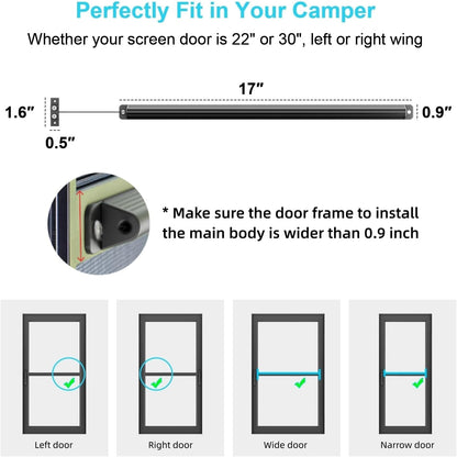 Automatic RV Screen Door Closer Kit Built in Spring for Adjustable Tension - Aluminum Universal Camper Entry Auto Closure Kit - Trailer Must Haves Self-Closing Accessory 17"x0.9"