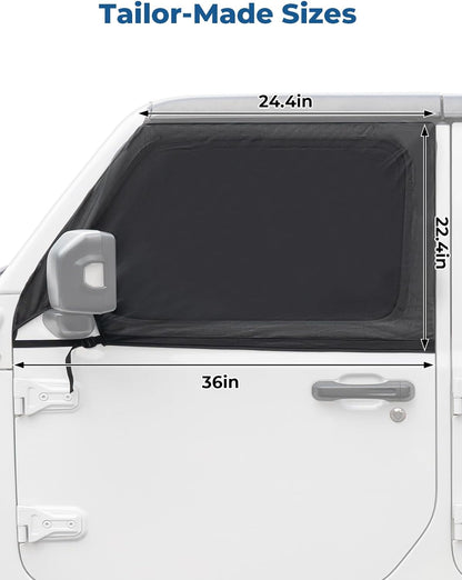 JOYTUTUS Front Wrangler Side Window Sun Shade Camping Window Insect Screen Compatible with Wrangler JK JL Gladiator JT 2007-2024, Car Window Covers for Privacy Blackout 2 Pcs