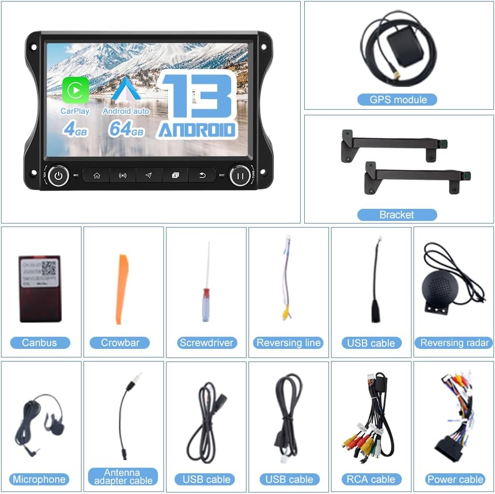 Car Stereo [4GB+64GB] for Jeep Wrangler JL & Gladiator JT 2018-2022, 10 inch Touch Screen Android 13 Radio with Wireless Carplay & Android Auto, GPS/FM/5G WiFi/USB/Bluetooth 5.0/4G LTE