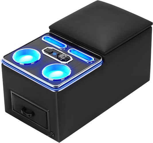 Center Console, Upgraded 7-Color Mood Lighting Center Console Organizer, Rear Bench Seat Armrest with Fast Phone Charging, Back Bench Seat Storage Box for Car Minivan Van Truck