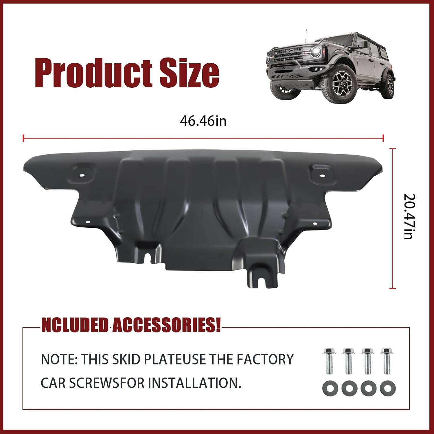 Front Bumper Skid Plate Compatible with 2021 2022 2023 2024 2025 Ford Bronco 2/4 Door Lower Guard Engine Protection Protector Replacement for MB3C-6B629-CB
