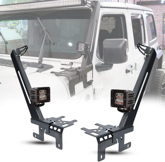 50 - 52 inch A-Pillar LED Light Bar Windshield Mount Brackets for Jeep 2018-2025 Wrangler JL JLU Umlimited, 2019-2025 Gladiator JT, Hawkley Light Bar Mounting Bracket with 2X 4 inch LED Spot Light