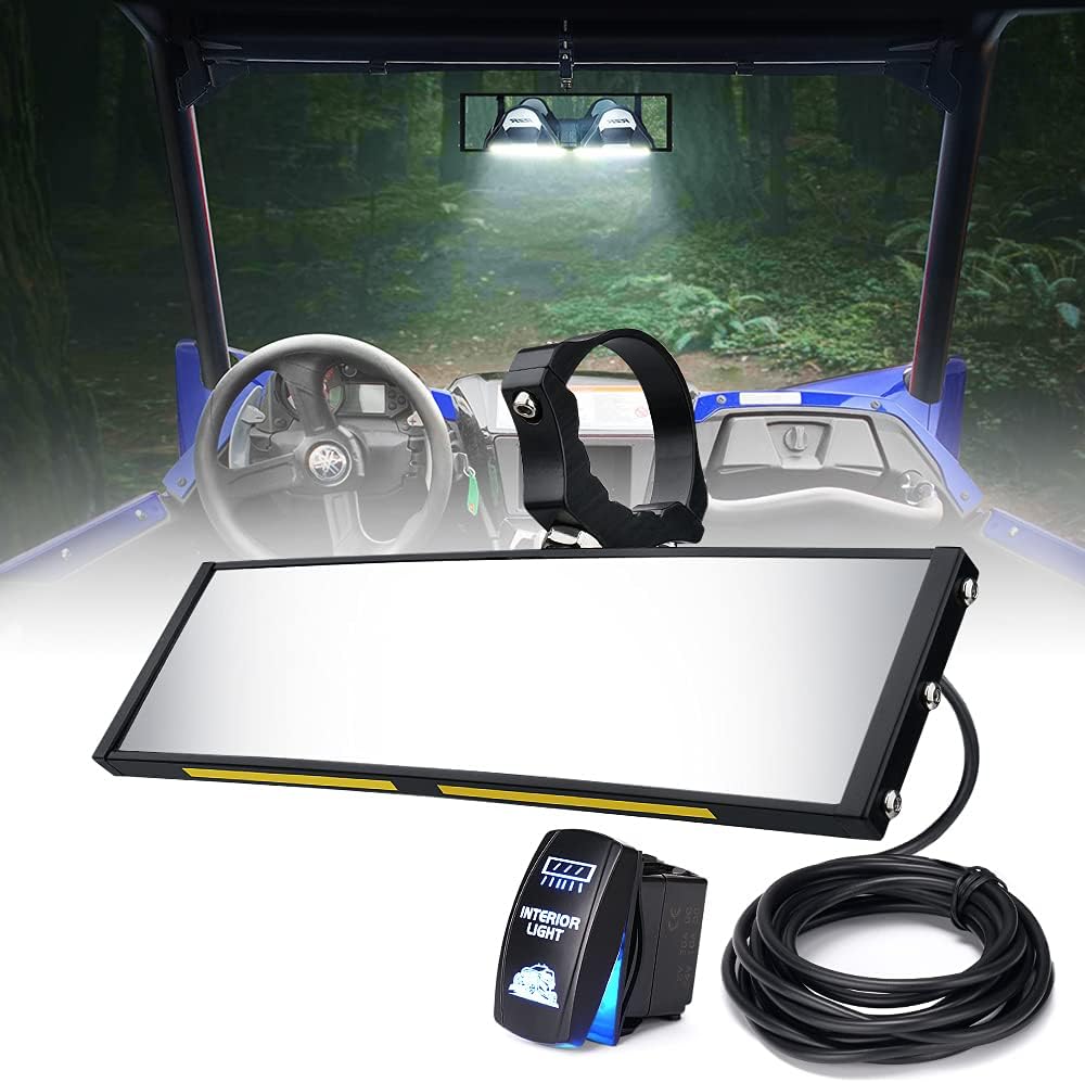 Aluminum UTV Rear View Center Mirror w/Interior Lights and Rocker Switch fits 1.75"-2" Mount for Polaris RZR Can-Am X3 Arctic Cat Kawasaki Yamaha