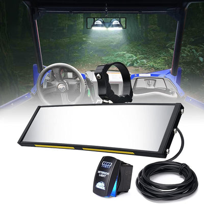 Aluminum UTV Rear View Center Mirror w/Interior Lights and Rocker Switch fits 1.75"-2" Mount for Polaris RZR Can-Am X3 Arctic Cat Kawasaki Yamaha