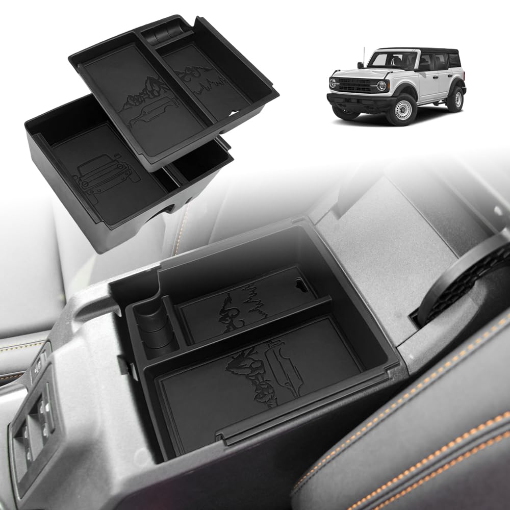 TripleAliners Center Console Organizer Compatible with 2021-2024 Ford Bronco(no for Sport) Accessories 6th Gen Bronco 2/4-Door Center Console Storage Box ABS Material with Leather Trim(V2_Brown)
