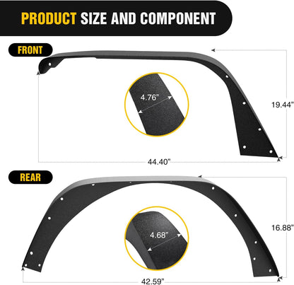 Nilight Off-Road Fender Flares Kit Compatible with 2018 2019 2020 2021 2022 2023 2024 2025 Wrangler JL & JLU 2/4 Doors Heavy-Duty Solid Steel Black Textured Front Rear Flat-4pcs