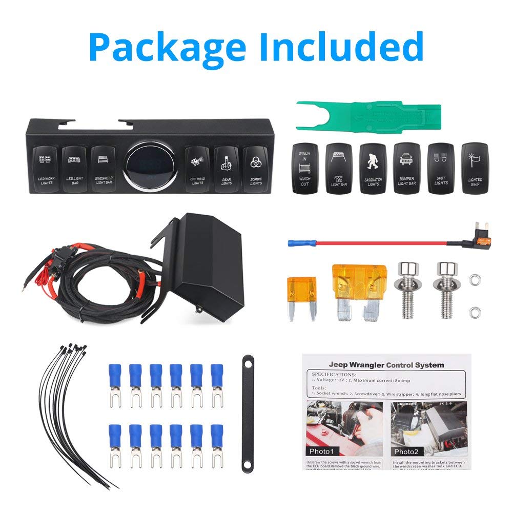 WATERWICH 6 Gang Rocker Switch Panel Pod with 80A Relay Box Circuit Breaker Source Control System Compatible with Jeep Wrangler JK JKU 2007-2018 with 12 Switch Covers & a Switch Clip Remover