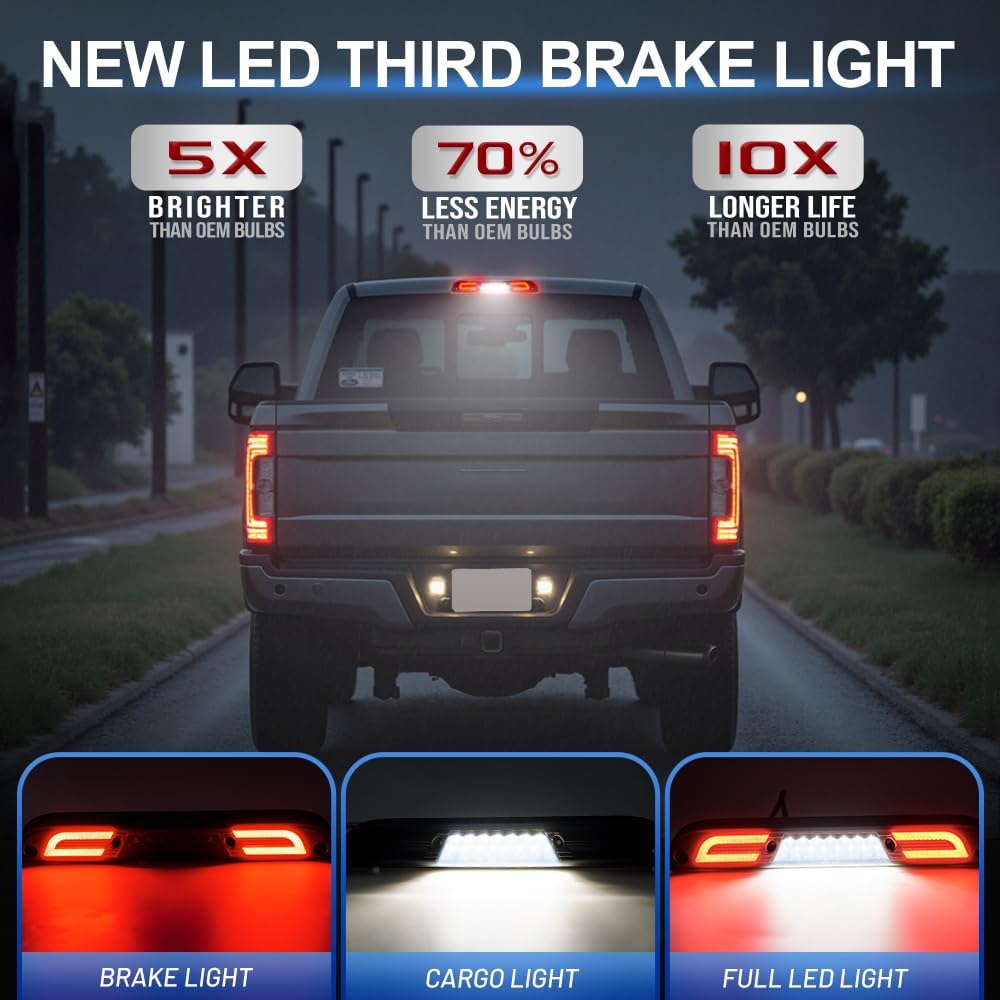 Third 3rd Brake Light LED for 2017-2022 F'ord F250 F350 F450 F550 Super Duty Ranger Maverick 15-20 F150 F'ord Center High Mount Rear Cab Brake Lights with Seal Gasket (Smoke Lens)