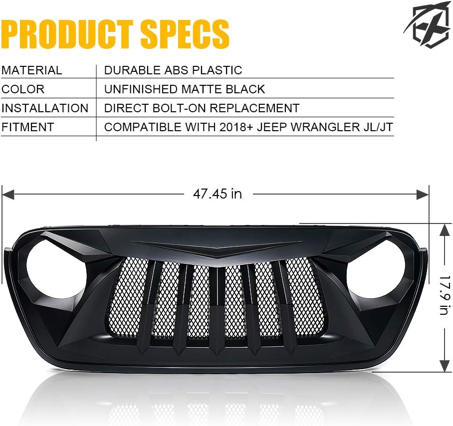 Xprite Matte Black Front Grille Grid Grill w/Mesh Compatible with 2018-2024 Jeep Wrangler JL&2020+ Gladiator JT - Black Widow Series