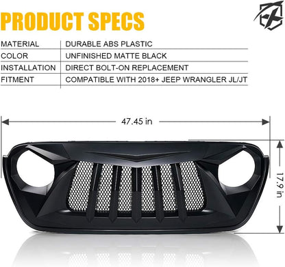 Xprite Matte Black Front Grille Grid Grill w/Mesh Compatible with 2018-2024 Jeep Wrangler JL&2020+ Gladiator JT - Black Widow Series