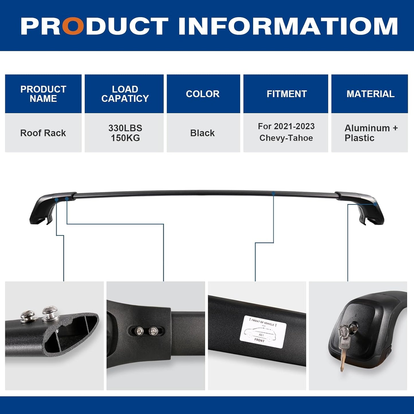 Heavy Duty 330lb Roof Rack Cross Bars Compatible with Chevrolet Suburban & Tahoe 2021 2022 2023 2024 GMC Yukon XL, Cadillac Escalade ESV Lockable Aluminum Black Crossbar Carrier Luggage