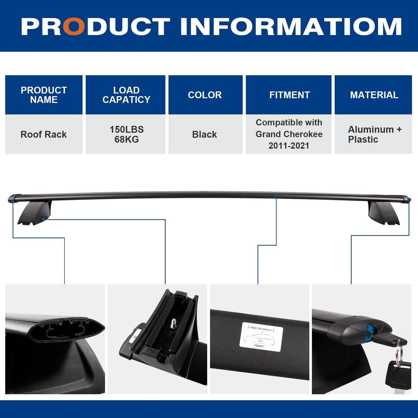 Roof Rack Cross Bars Compatible with Jeep Grand Cherokee L 2021-2024 and 2022 2023 2024 Grand Cherokee WL, Heavy Duty 220lb Aluminum Crossbar Racks Roof Rail Rooftop Luggage Canoe Carrier