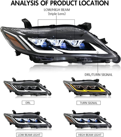 Projector Headlights Assembly Compatible For 6th Gen(XV40) Facelift Camry 2010 2011 with Dynamic Animation w/Amber Sequential Turn Signal, Plug and Play No Need Bulbs