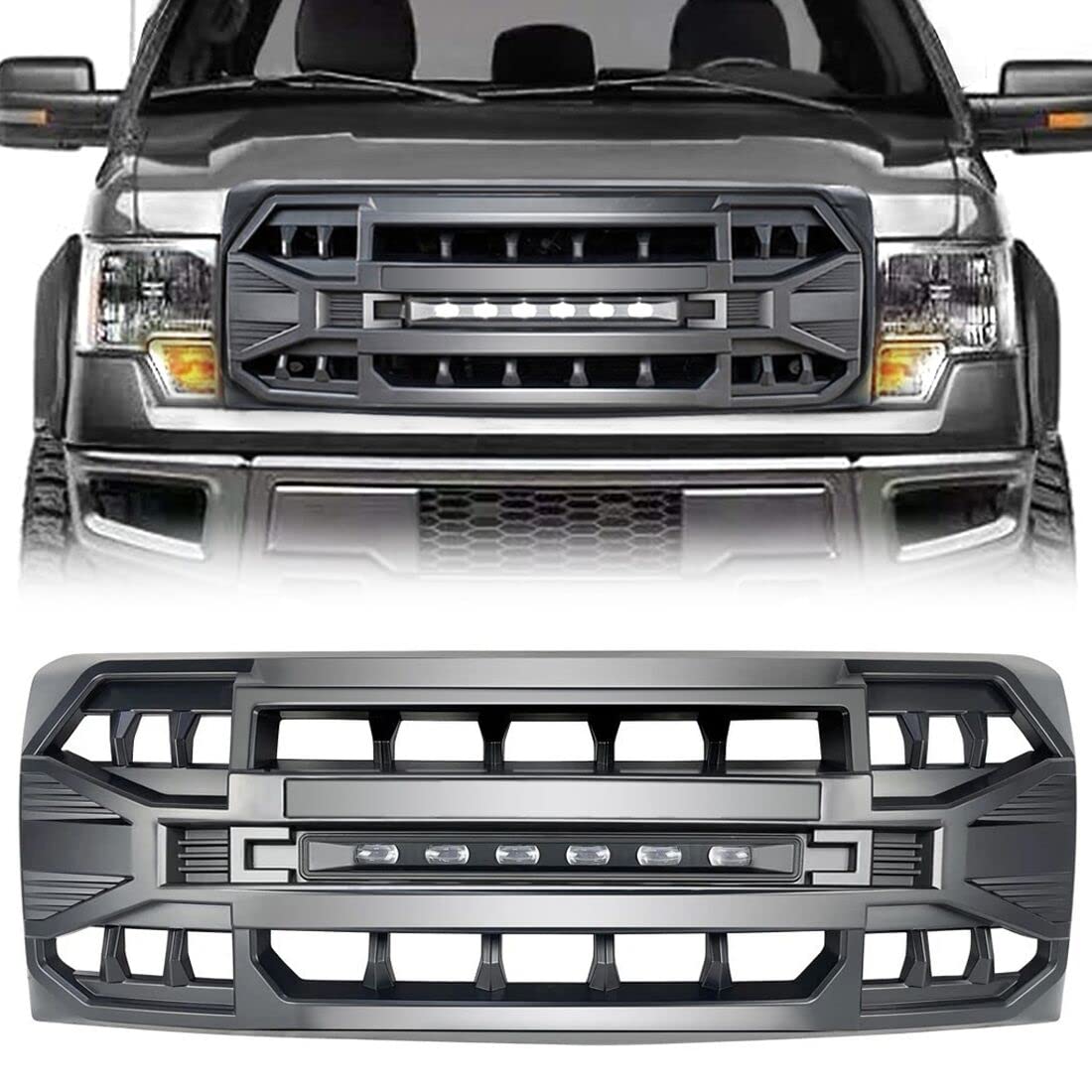 Front Grill Replacement for F150 2009-2014, Matte Black Front Bumper Grille w/Off-Road Lights