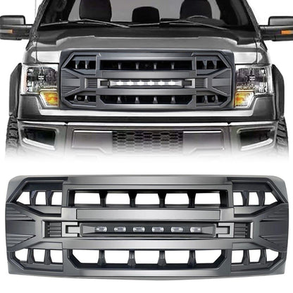 Front Grill Replacement for F150 2009-2014, Matte Black Front Bumper Grille w/Off-Road Lights - OMOTOR