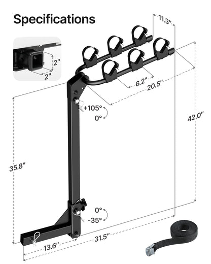 Heavy-Duty 3-Bike Hitch Rack for Cars, Trucks, SUVs