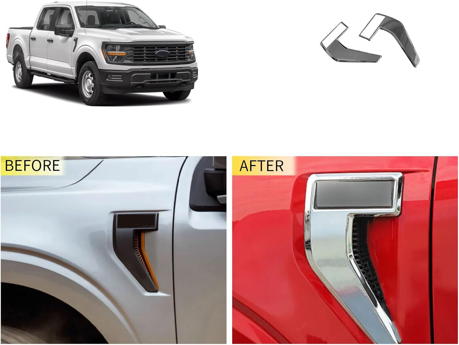 Fender Side Vent Cover Trim Compatible With Ford F150 F-150 2024 2023 2022 2021 Fender Side Vent Sticker Exterior Car Accessories ABS 2PCS (Glossy Chrome Style) Not Fit For Raptor