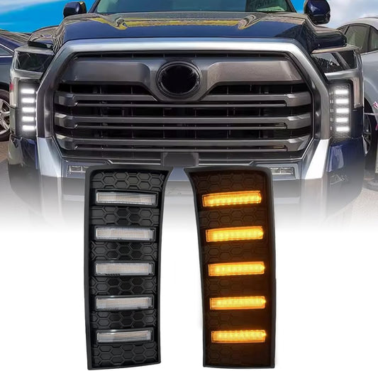 Pair Fog Lights LED For Tundra Compatible With 2022 2023 2024 2025 Toyota Tundra Daytime Running Lights Front Grille Air Intake Vent Lamps Turn Signal DRL Matter Black LH&RH (W/Light)