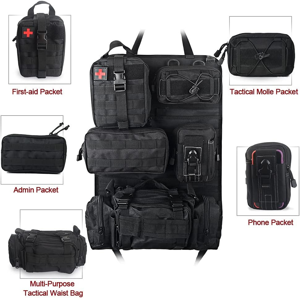 Tactical Seat Back Organizer Storage Hanger Bag with 5 Detachable Molle Pouch fits for All Vehicel
