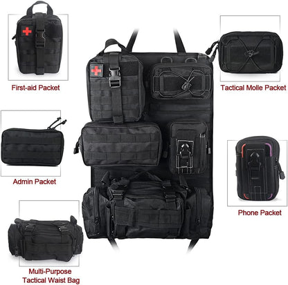 Tactical Seat Back Organizer Storage Hanger Bag with 5 Detachable Molle Pouch fits for All Vehicel