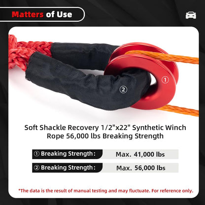 Snatch 66000 LB Recovery Ring with 2 PCS Soft Shackle 1/2" X 22 Inch Winch Rope for ATV UTV SUV Truck Off Road