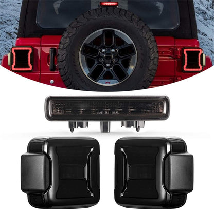 Smoked LED Tail Lights & 3rd Brake Light Set for 2018-2025 Jeep Wrangler JL/4xe, Black Housing, Tinted Lens, Brake, Reverse & Turn Signal Lights (Pair) - OMOTOR