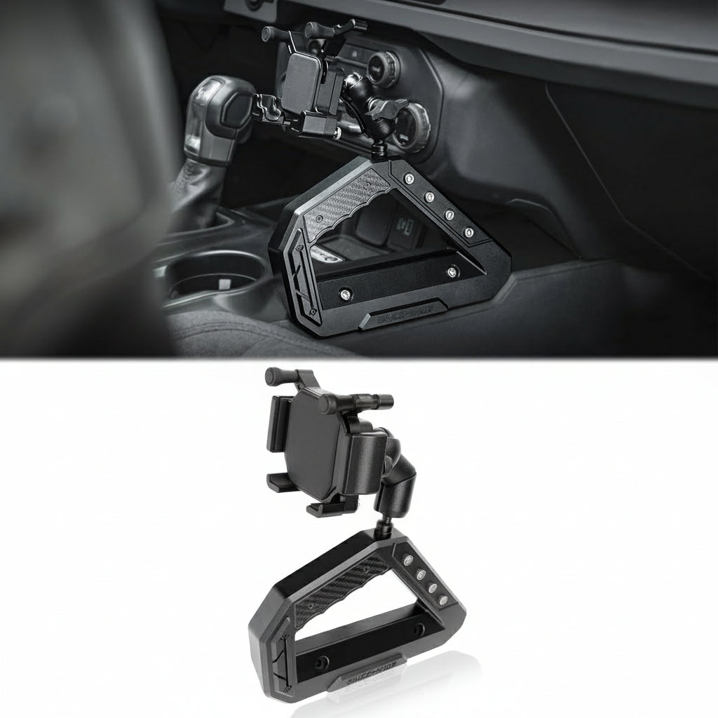 OMU Genesis Series Aluminum Center Console Grab Handle with Phone Holder Compatible with 2021 2022 2023 2024 Ford Bronco Adjustable Anti-Shake Stabilizer Cell Phone Holder