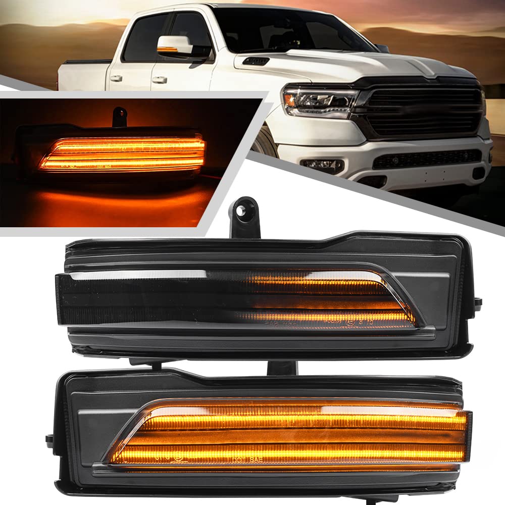 2Pcs Amber Sequential Blink Dynamic LED Side Mirror Marker Lights for Dodge Ram 1500 2019-2024
