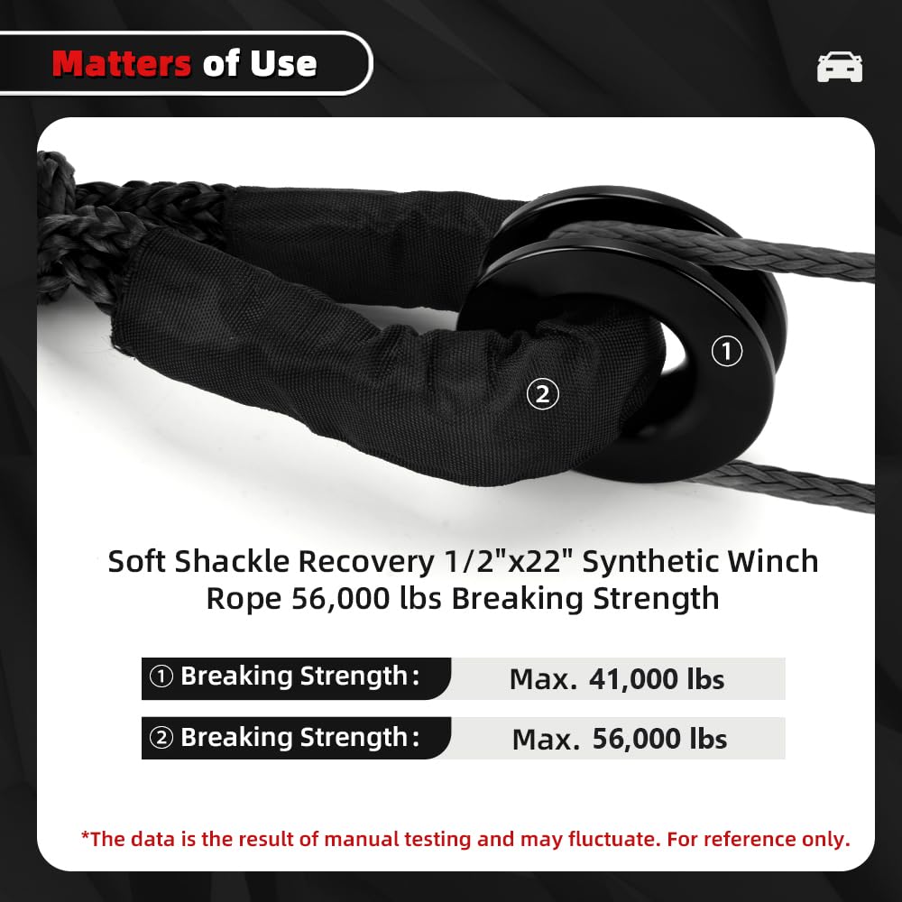 Snatch 66000 LB Recovery Ring with 2 PCS Soft Shackle 1/2" X 22 Inch Winch Rope for ATV UTV SUV Truck Off Road