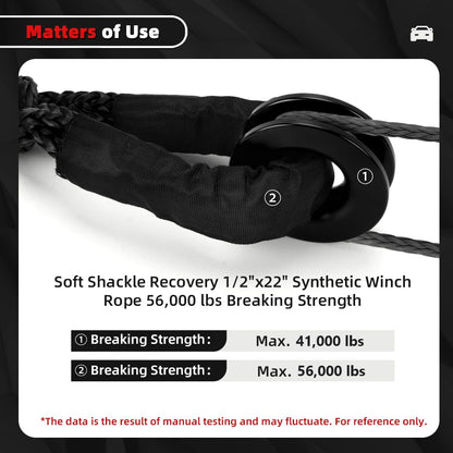 Snatch 66000 LB Recovery Ring with 2 PCS Soft Shackle 1/2" X 22 Inch Winch Rope for ATV UTV SUV Truck Off Road