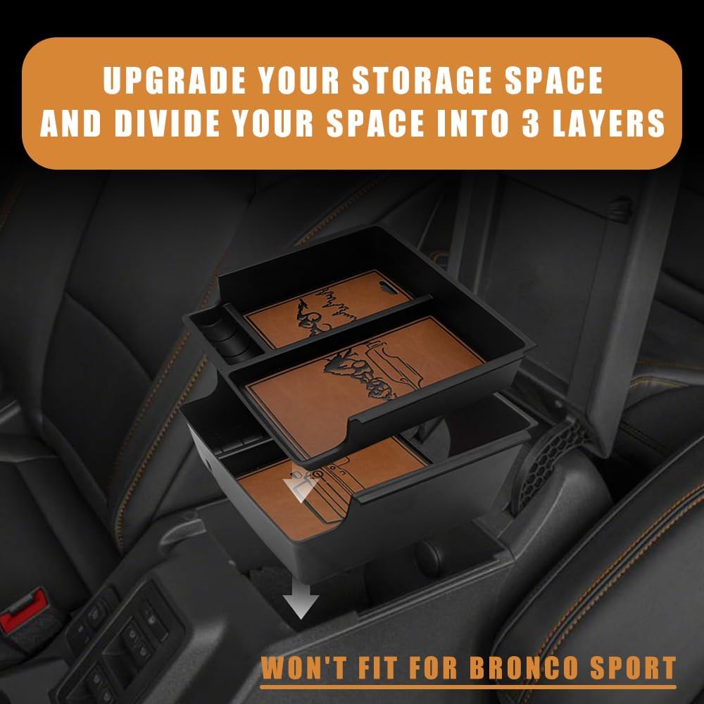 TripleAliners Center Console Organizer Compatible with 2021-2024 Ford Bronco(no for Sport) Accessories 6th Gen Bronco 2/4-Door Center Console Storage Box ABS Material with Leather Trim(V2_Brown)