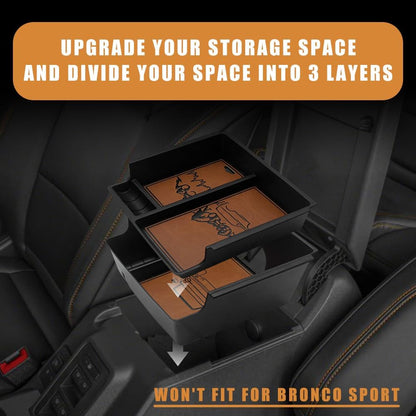 TripleAliners Center Console Organizer Compatible with 2021-2024 Ford Bronco(no for Sport) Accessories 6th Gen Bronco 2/4-Door Center Console Storage Box ABS Material with Leather Trim(V2_Brown)
