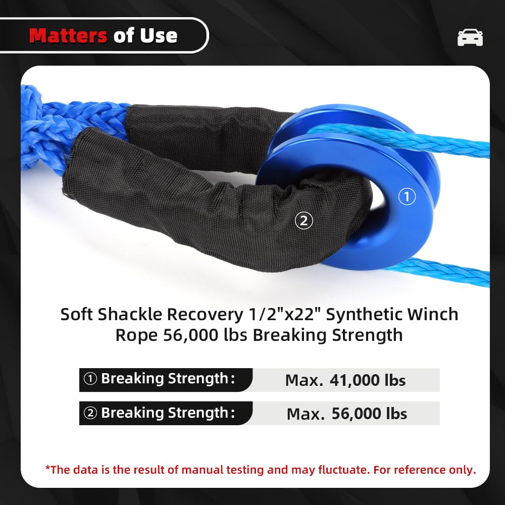 Snatch 66000 LB Recovery Ring with 2 PCS Soft Shackle 1/2" X 22 Inch Winch Rope for ATV UTV SUV Truck Off Road