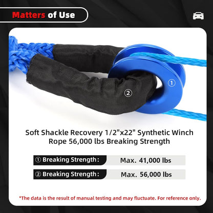 Snatch 66000 LB Recovery Ring with 2 PCS Soft Shackle 1/2" X 22 Inch Winch Rope for ATV UTV SUV Truck Off Road