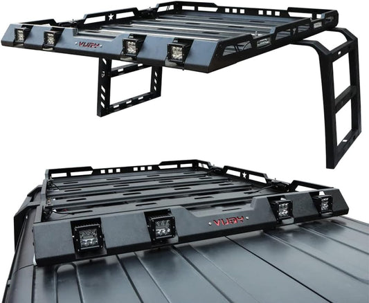 Hard Top Basket Roof Rack w/Ladder & 8 LED Lights Compatible with 2018 - 2026 Jeep Wrangler JL & JLU Unlimited 2&4 Doors