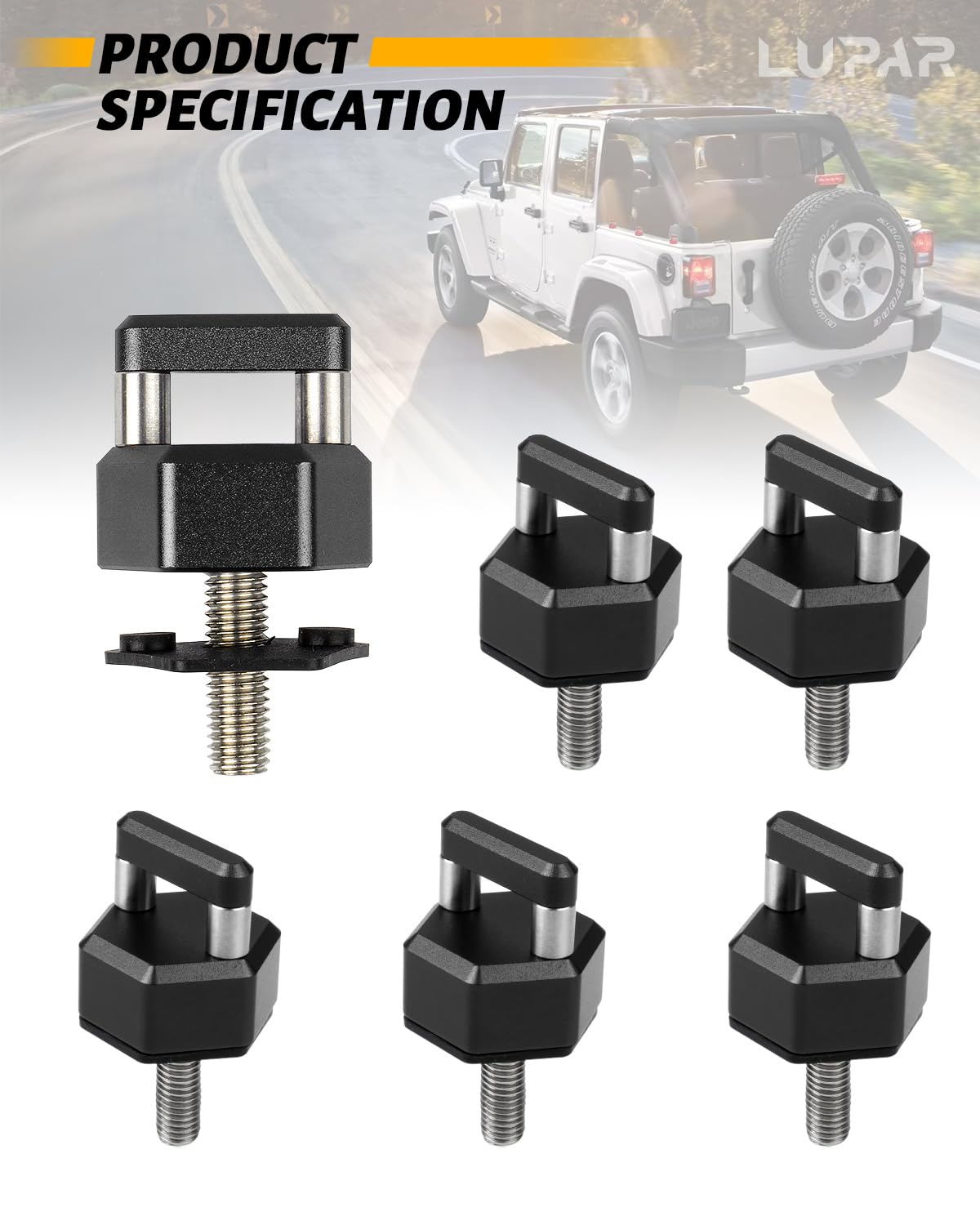 Quick Removal Thumb Screw with D Ring, Aluminum Alloy Hardtop Bolts Compatible with Jeep Wrangler JK JKU JL JLU JT, Black(6 PCS)
