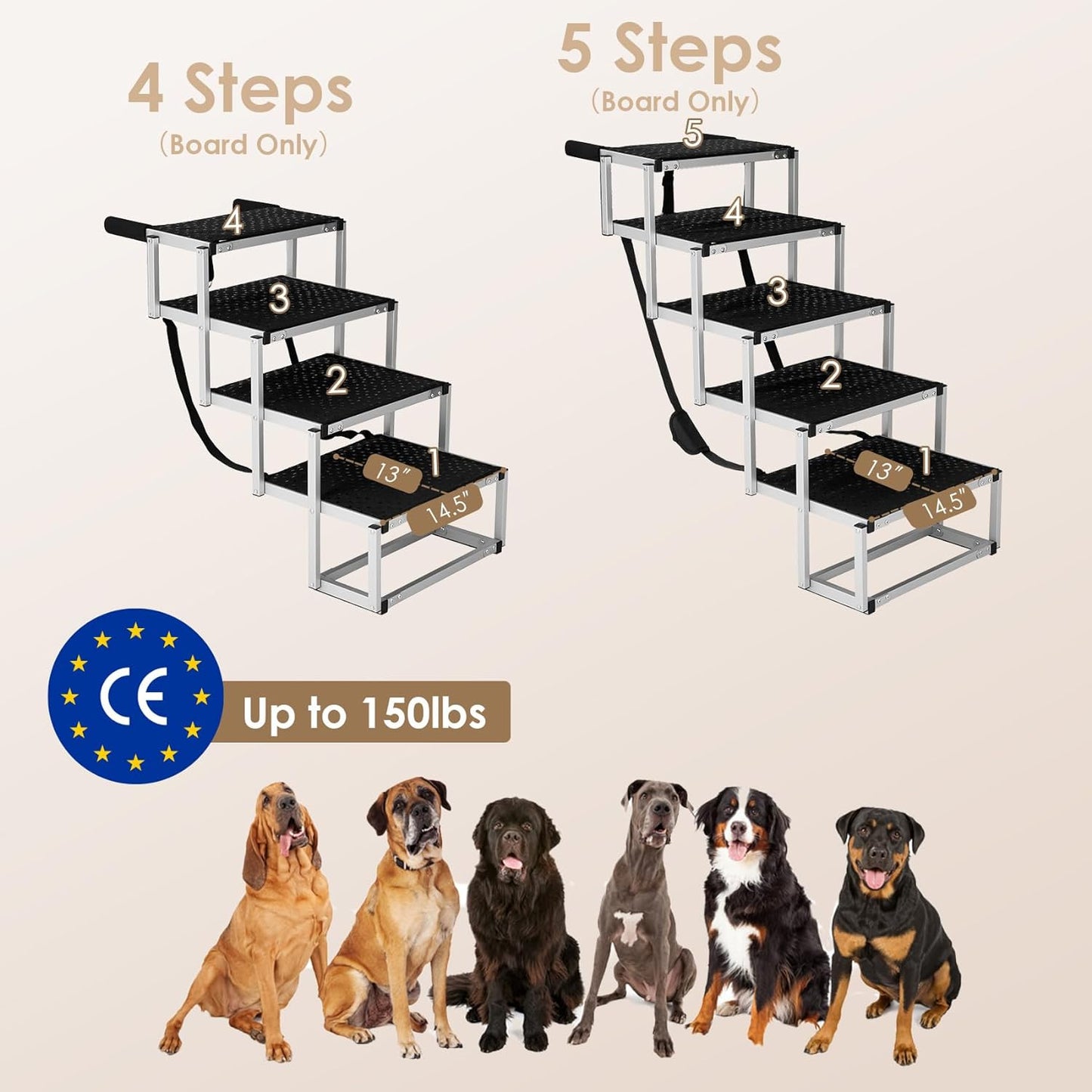 Foldable Dog Car Ramp for Large Dogs, Portable Dog Steps for SUV, Aluminum Dog Stairs with Non-Slip Surface for High Beds, Trucks and SUVs, 5 Steps