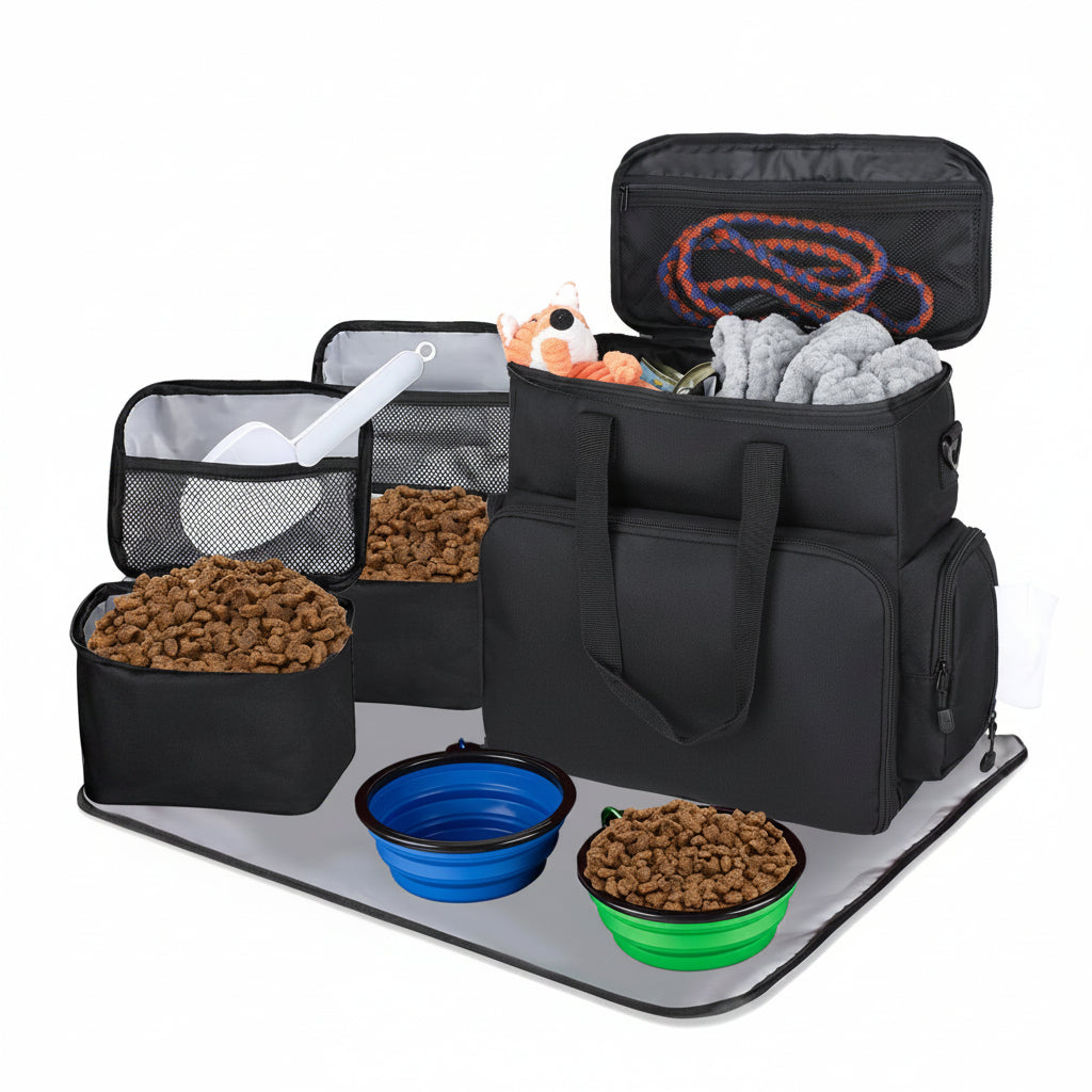Dog Travel Bag Airline Approved–Pet Travel Tote with Collapsible Bowls,Food Containers & Feeding Mat–Multi-Pocket Organizer for Dogs & Cats, Durable & Water-Resistant for Hiking,Trips,Outdoors