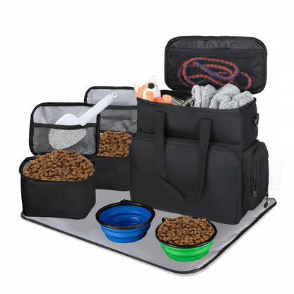 Dog Travel Bag Airline Approved–Pet Travel Tote with Collapsible Bowls,Food Containers & Feeding Mat–Multi-Pocket Organizer for Dogs & Cats, Durable & Water-Resistant for Hiking,Trips,Outdoors