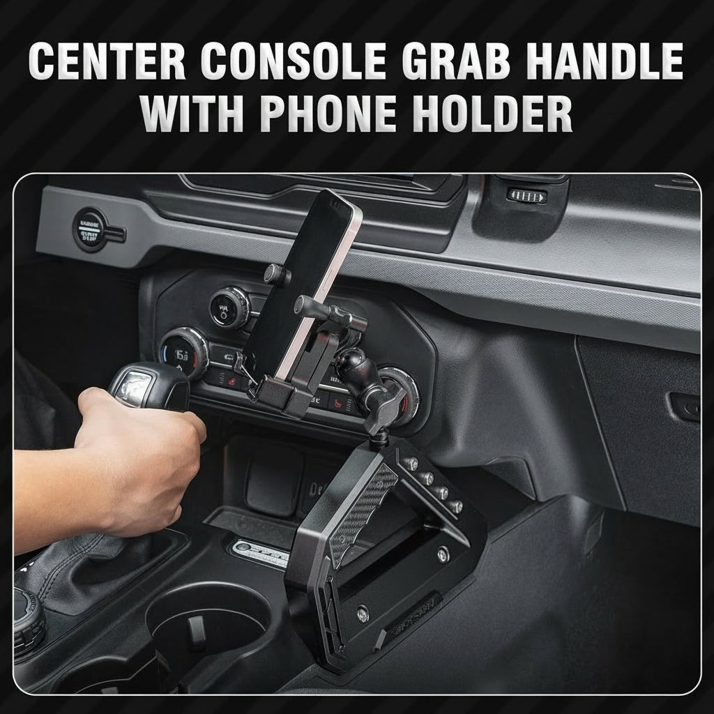OMU Genesis Series Aluminum Center Console Grab Handle with Phone Holder Compatible with 2021 2022 2023 2024 Ford Bronco Adjustable Anti-Shake Stabilizer Cell Phone Holder