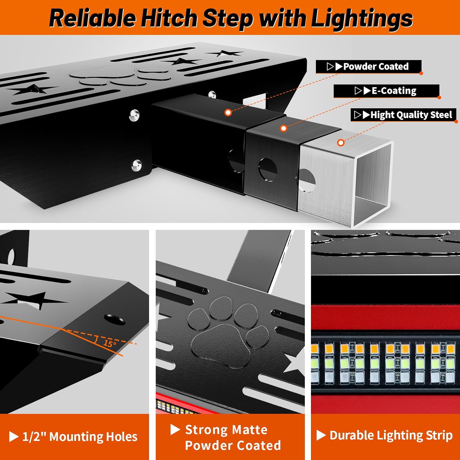 Hitch Step with Light and Whip Mount Holes, 108 LED Brake Lighting(6 Mode) Fit 2" Receiver Steel Construction Powder Matte Coated for Trucks Chevy Ford Toyota GMC Dodge RAM Jeep ATVs SUVs Vans