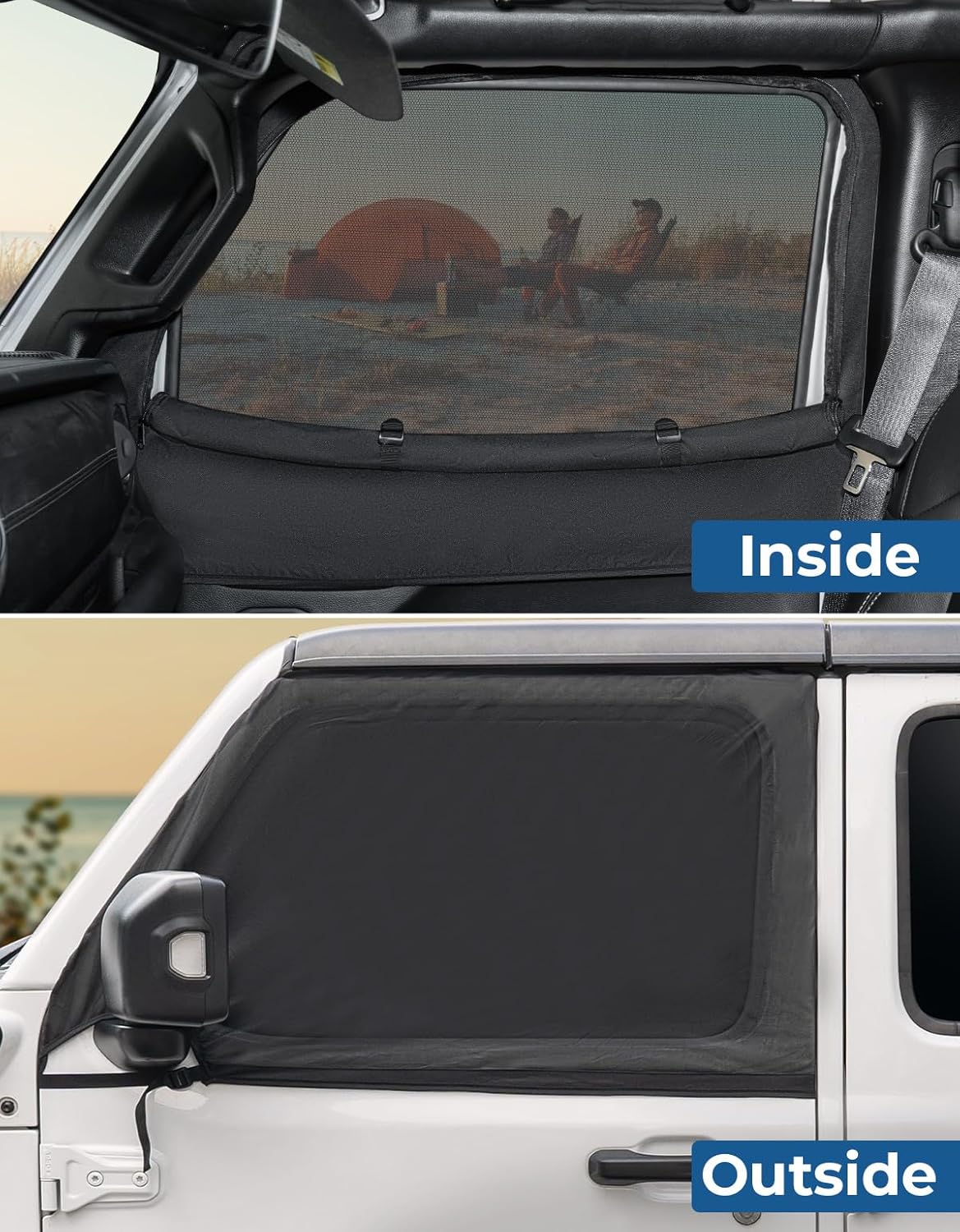 JOYTUTUS Front Wrangler Side Window Sun Shade Camping Window Insect Screen Compatible with Wrangler JK JL Gladiator JT 2007-2024, Car Window Covers for Privacy Blackout 2 Pcs