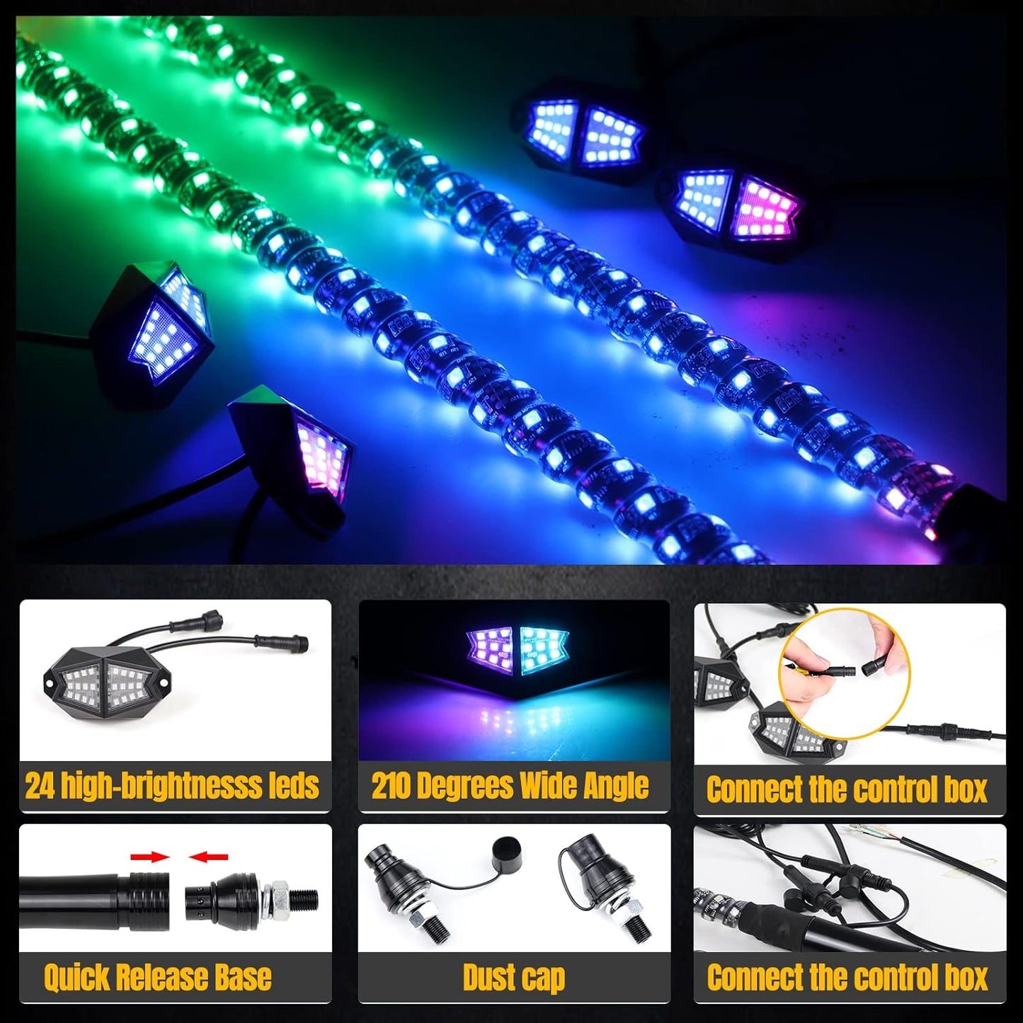 Omotor 2Pcs 3FT Whip Lights and 8 Rock Lights Combo 360° Spiral Chasing RGB Whips RGBW & Brighter Neon with Bluetooth and Remote Control