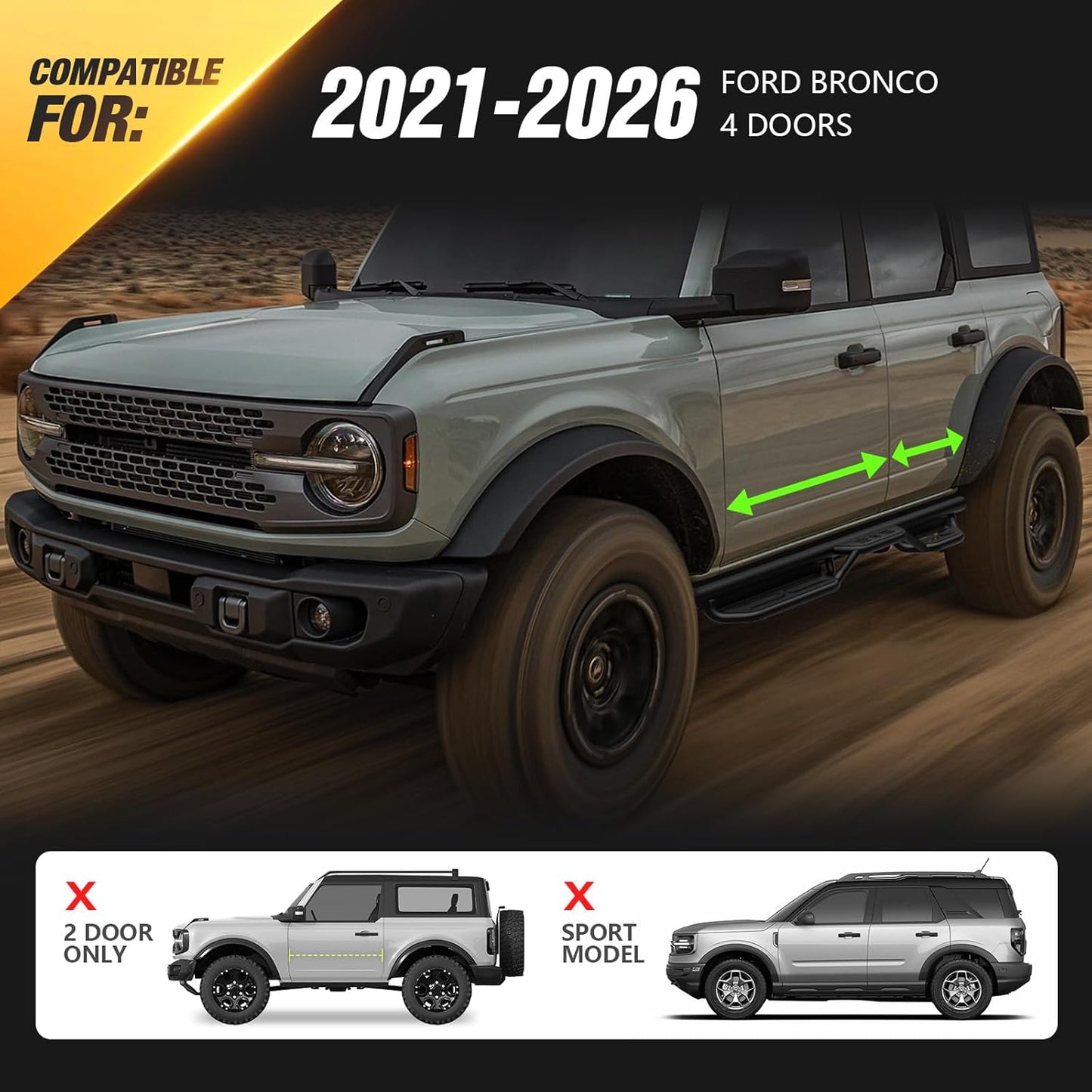 for Bronco Running Boards Side Steps Compatible with 2021 2022 2023 2024 2025 2026 Ford Bronco 4 Doors (Not for Sport Model), Two Stairs Design Heavy-Duty Nerf Bars Step Plates Rock Sliders Rail